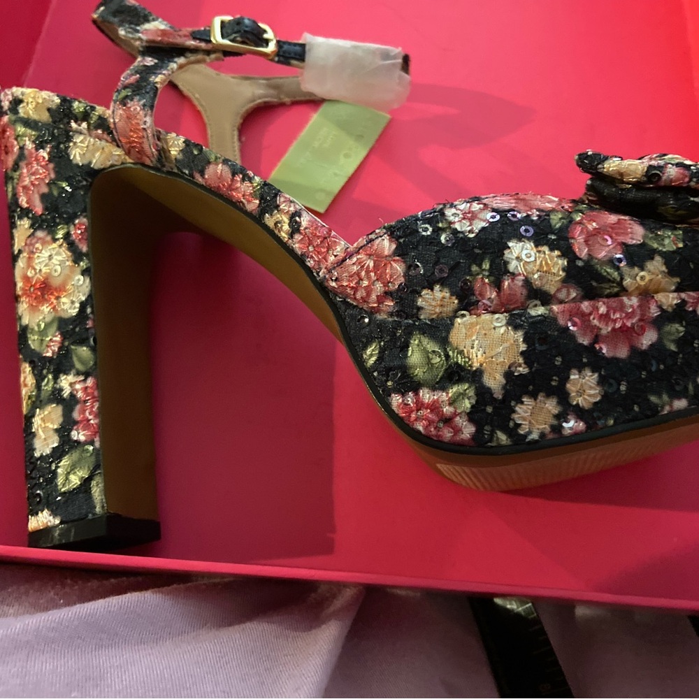 Betsey Johnson Black and Pink Floral Beaded Ankle Strap Peep Toe Platform Heels